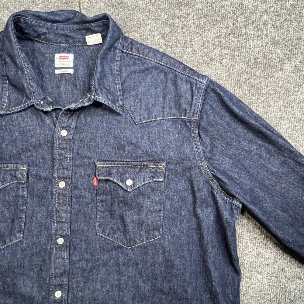 Levis Mens XXL Pearl Snap Button Dark Wash Denim Western Shirt Long Sleeve‎